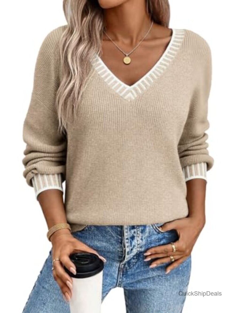 V Neck Long Sleeve Contrast Knit Pullover Sweater Loose Fit Cable Knit